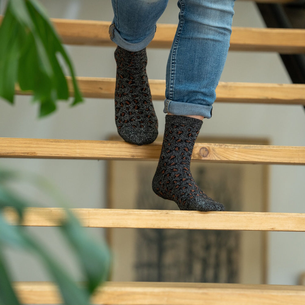 FFL01 Chaussettes pailletées en coton peigné Léopard - Noir - Femme