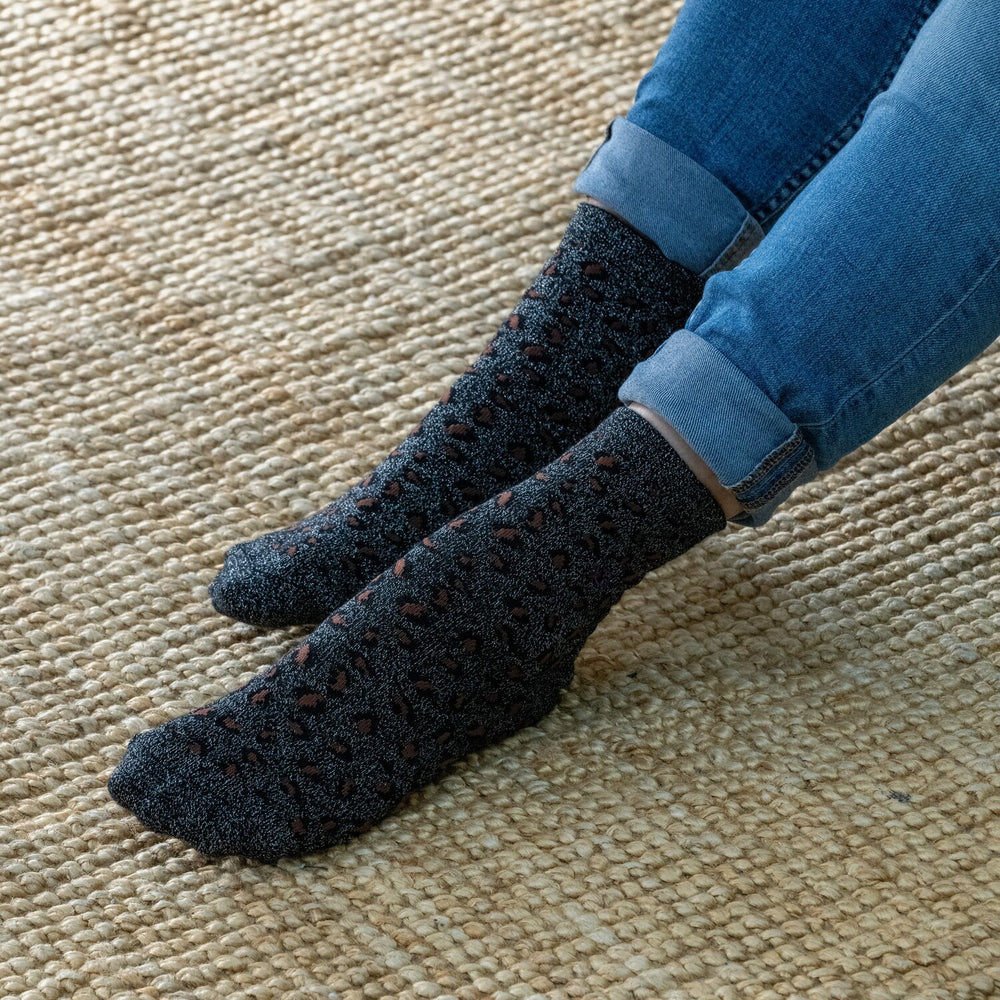 FFL01 Chaussettes pailletées en coton peigné Léopard - Noir - Femme