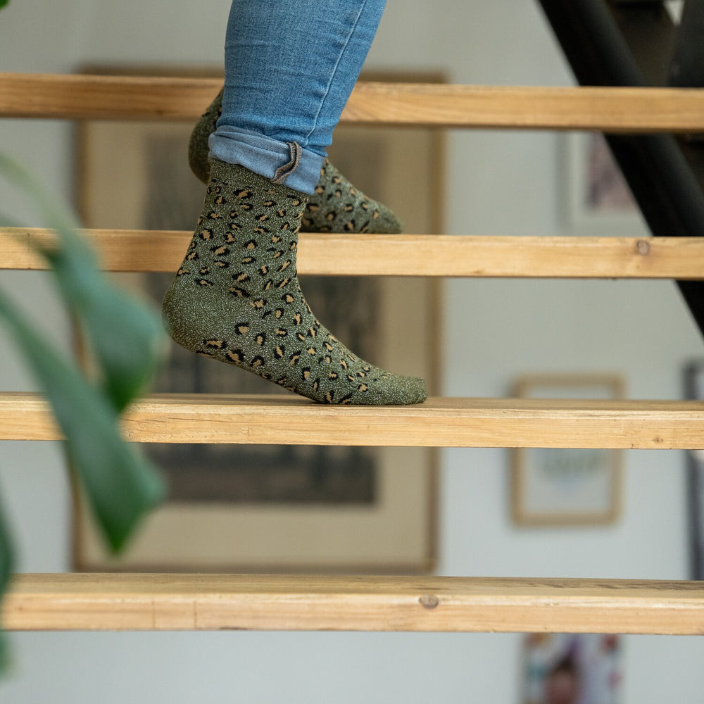 FFL02 Chaussettes pailletées en coton peigné Léopard - Kaki - Femme