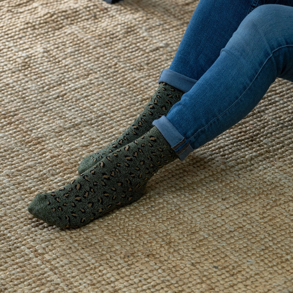 FFL02 Chaussettes pailletées en coton peigné Léopard - Kaki - Femme