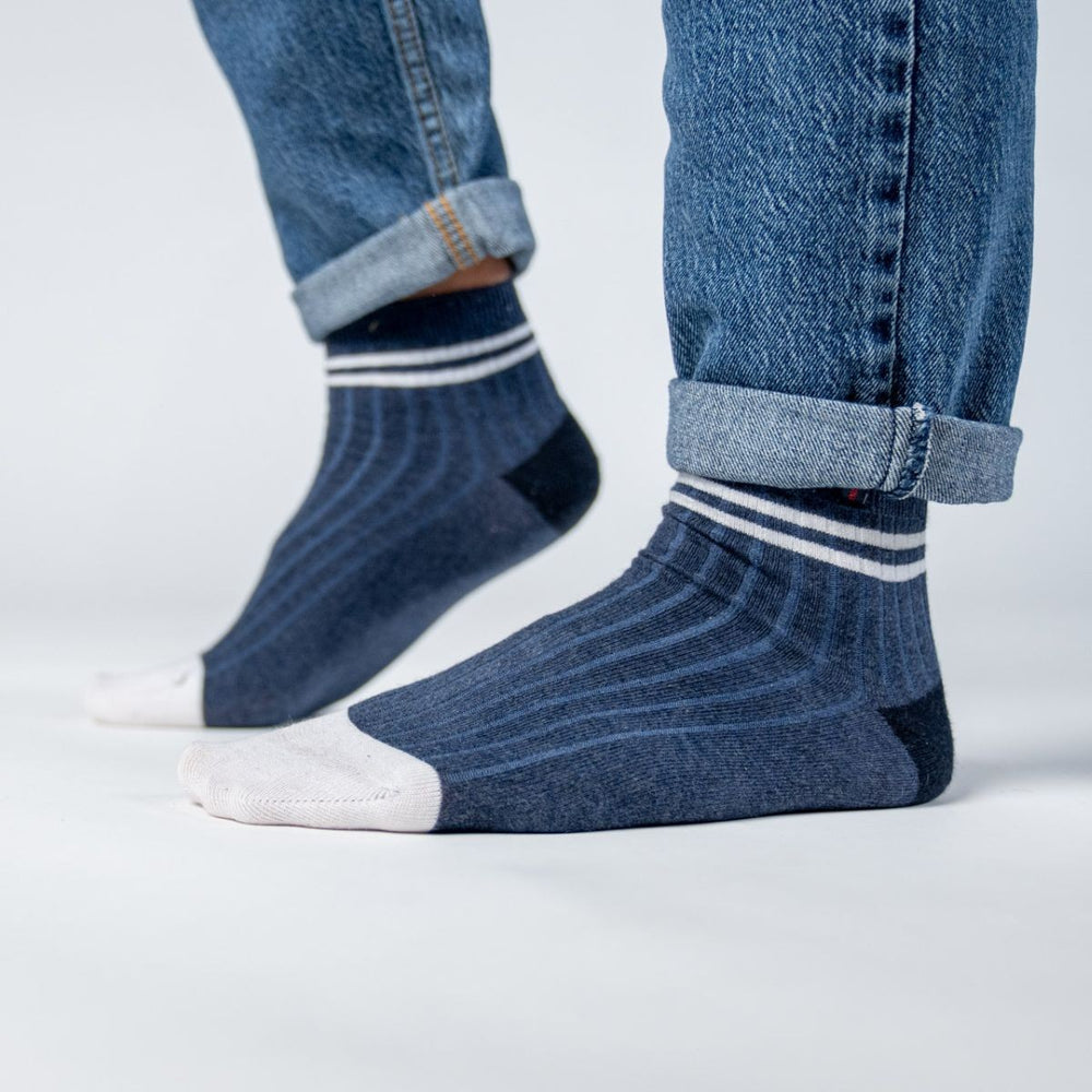 CMH01 Chaussettes en coton peigné Mi-hautes - Marine, rayé blanc