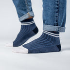 CMH01 Chaussettes en coton peigné Mi-hautes - Marine, rayé blanc