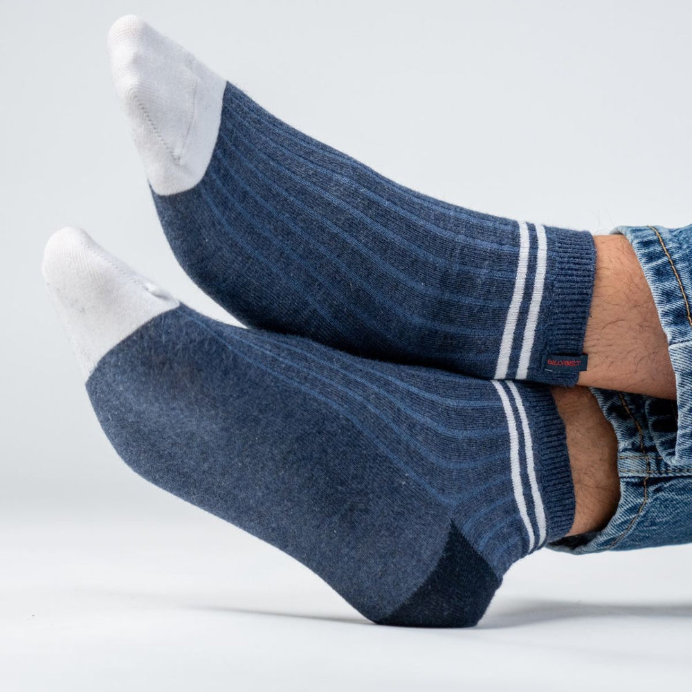 CMH01 Chaussettes en coton peigné Mi-hautes - Marine, rayé blanc