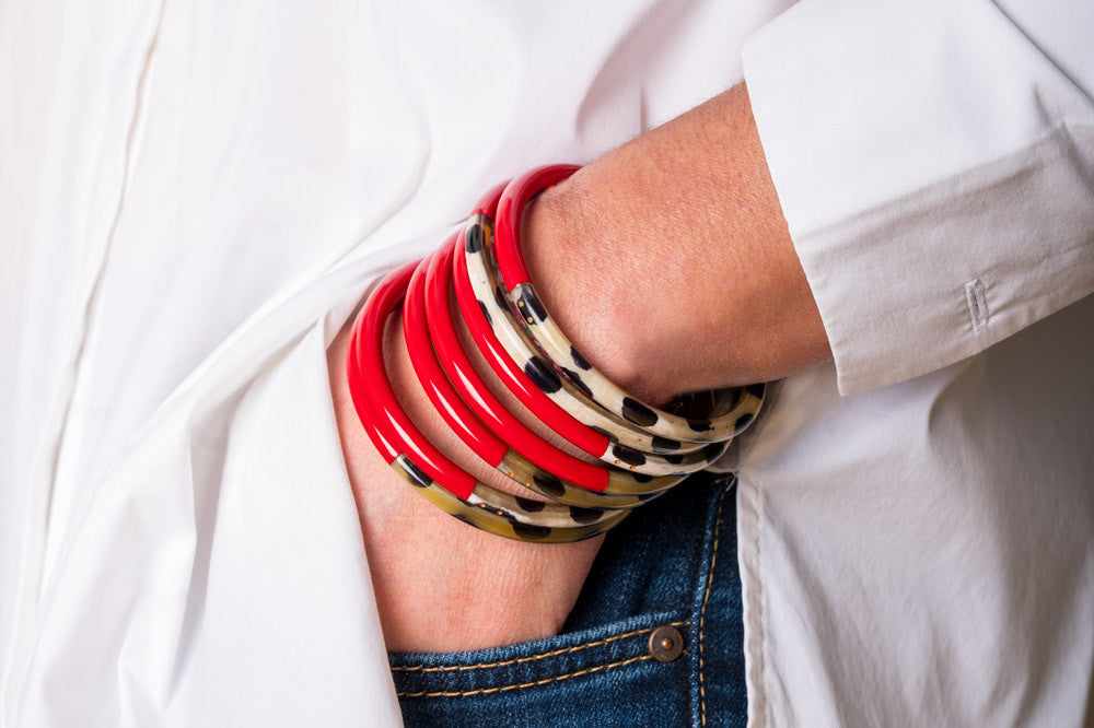 Joe Fin à l'unité - Léopard & Rouge - bracelet en corne bicolore
