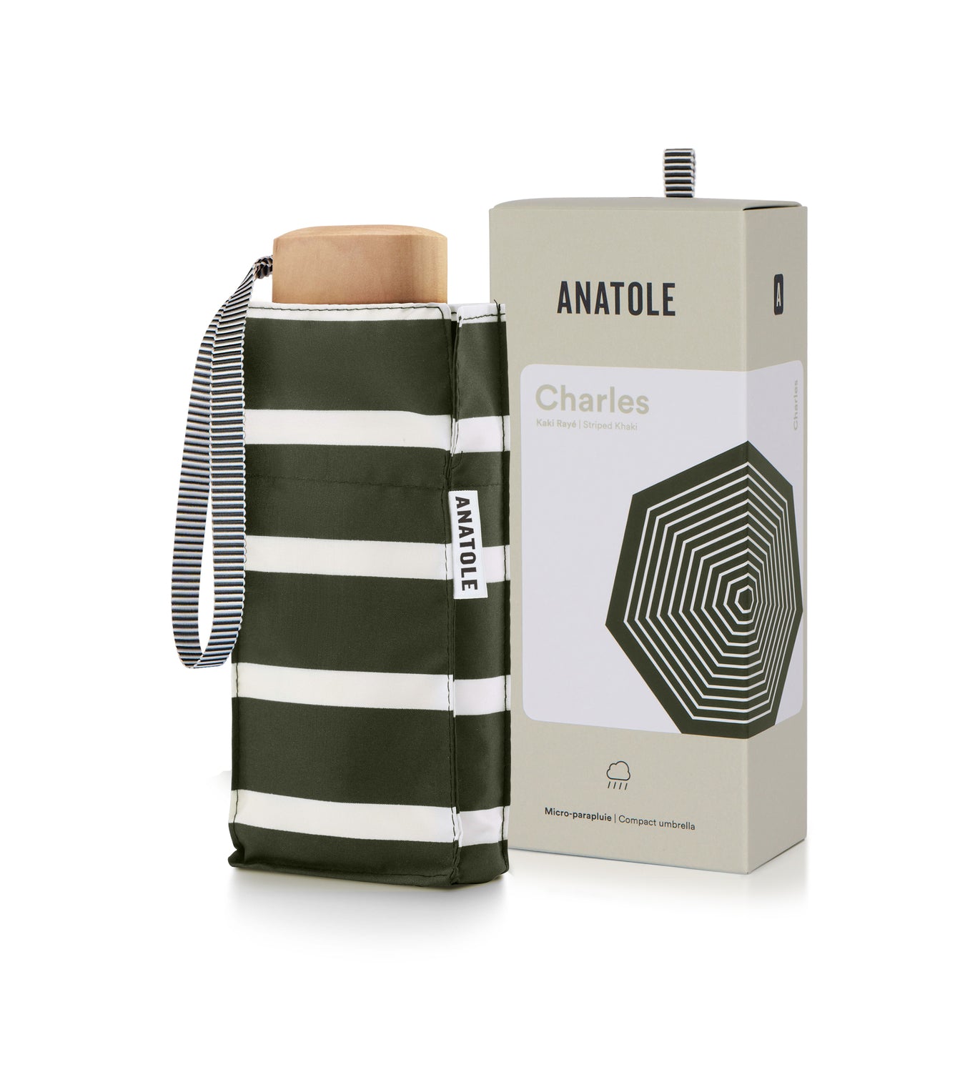 Charles - Mini parapluie kaki, rayures blanches « marinière » – micro & solide