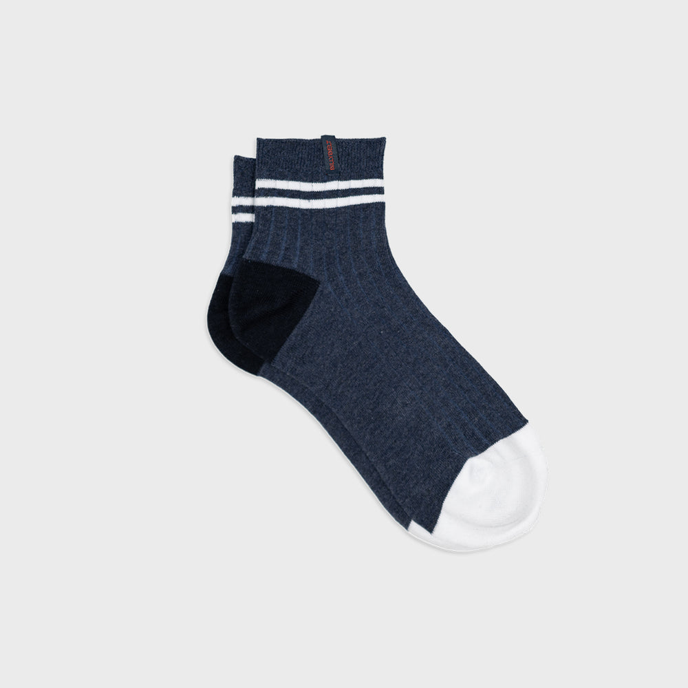 CMH01 Chaussettes en coton peigné Mi-hautes - Marine, rayé blanc