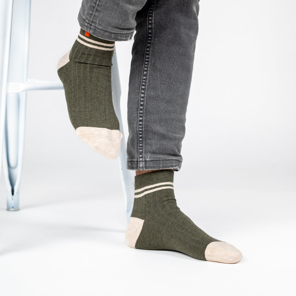 CMH06 Chaussettes en coton peigné Mi-hautes - Kaki, rayé beige - Homme