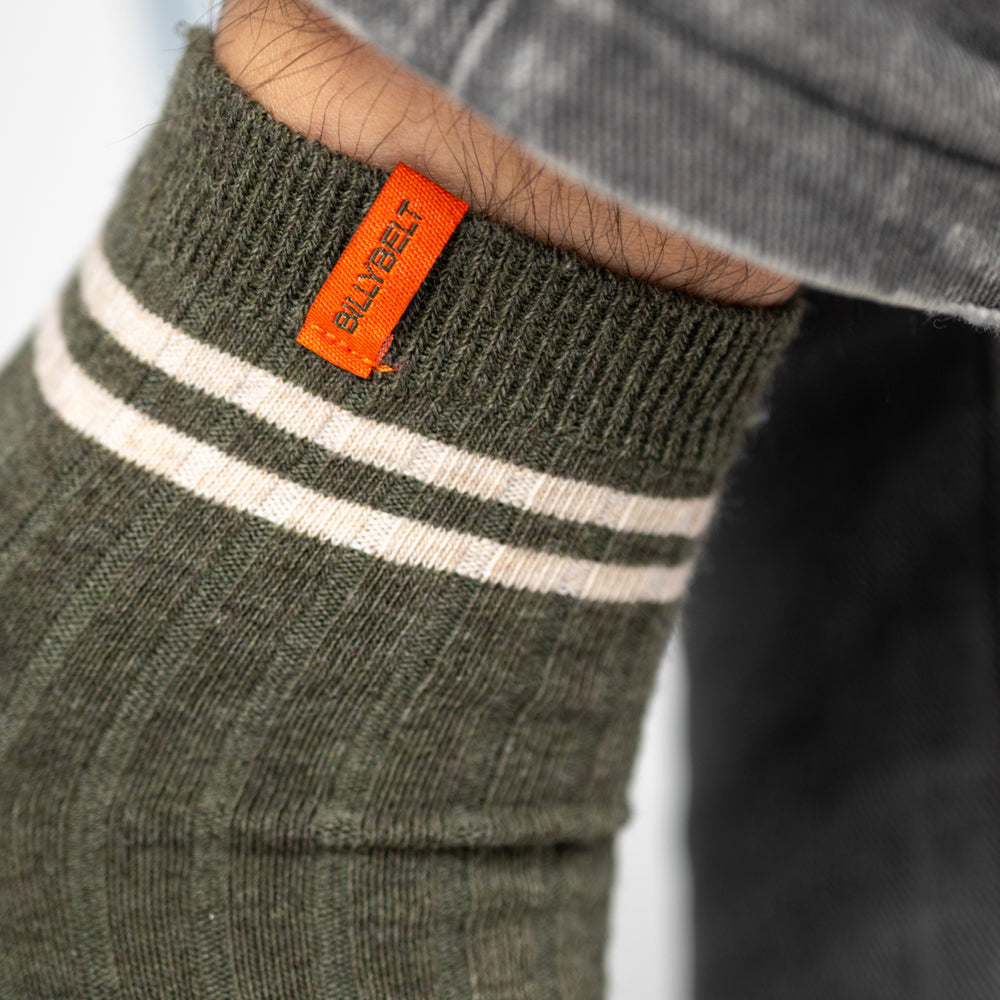 CMH06 Chaussettes en coton peigné Mi-hautes - Kaki, rayé beige - Homme