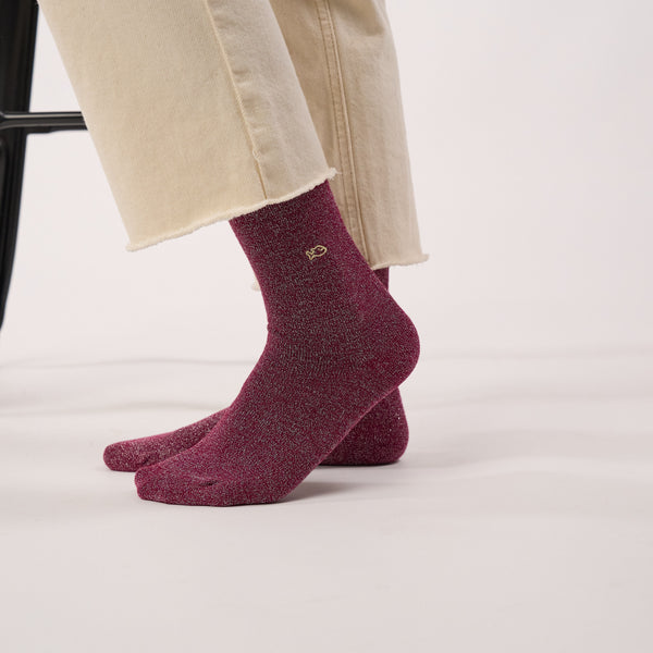 CP37 - Chaussettes unies en coton peigné - Pailletées - Aubergine - Femme