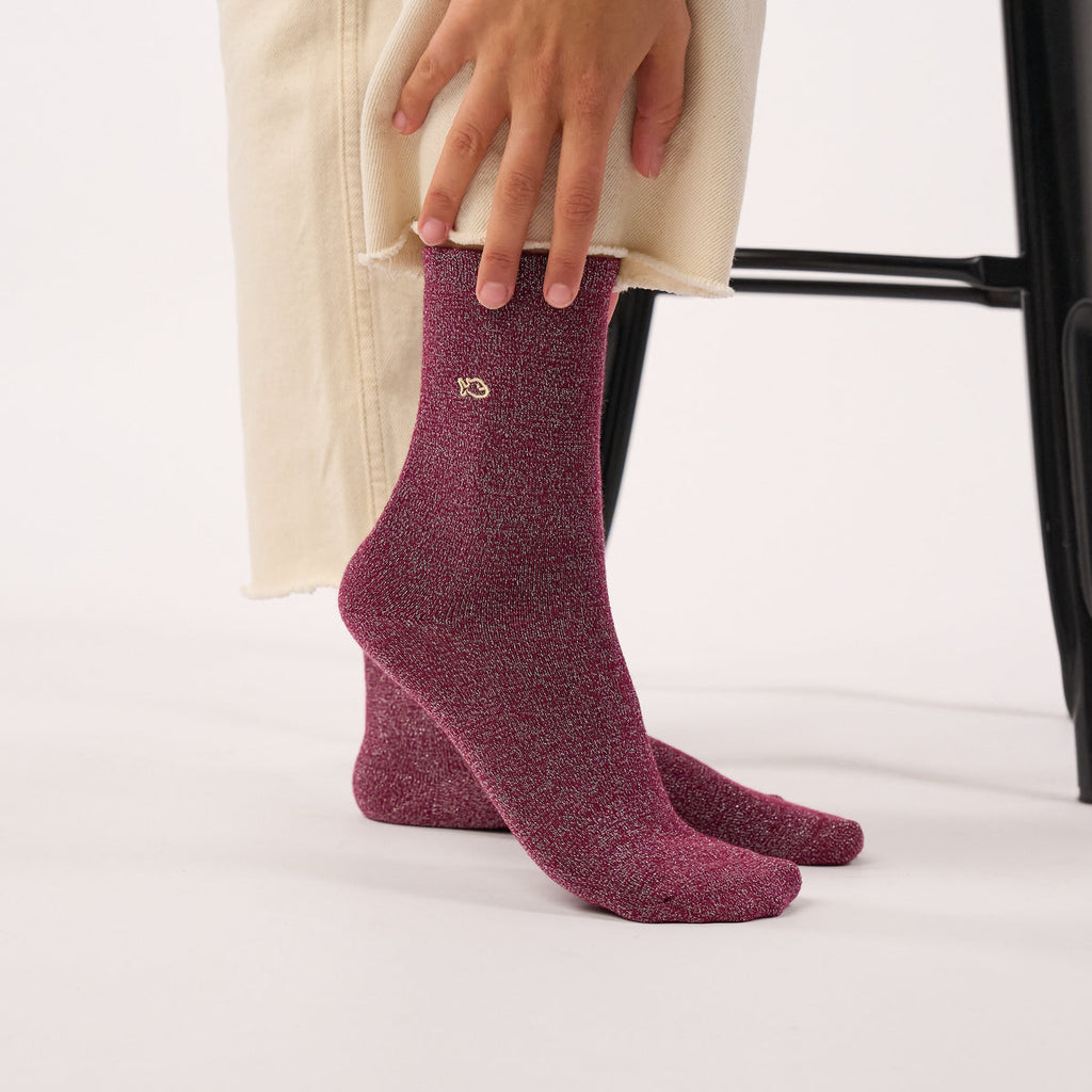 CP37 - Chaussettes unies en coton peigné - Pailletées - Aubergine - Femme