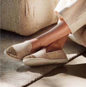 Chaussons Bruson, laine beige paillettes - Femme