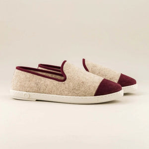 Chaussons Bruson, laine beige bordeaux - Femme