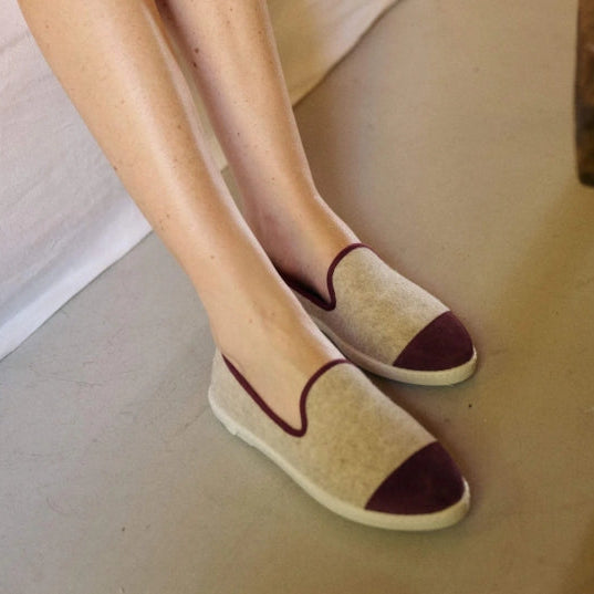 Chaussons Bruson, laine beige bordeaux - Femme
