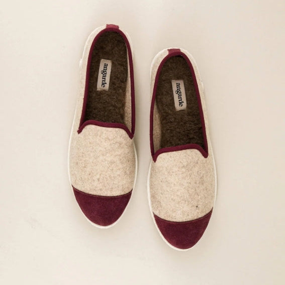 Chaussons Bruson, laine beige bordeaux - Femme