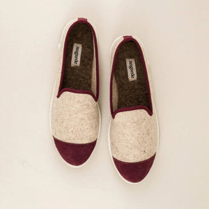 Chaussons Bruson, laine beige bordeaux - Femme