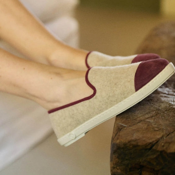 Chaussons Bruson, laine beige bordeaux - Femme