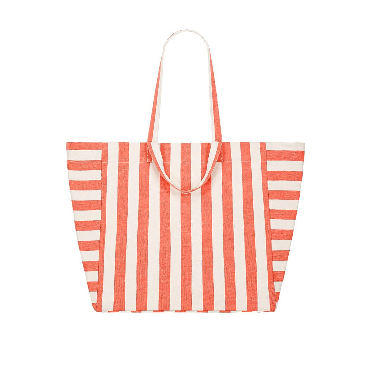 Grand sac cabas en tissu à rayures orange et blanches avec double anse dont une longue anse et une courte pour le porter sur l'épaule ou à la main, présenté sur fond clair.
