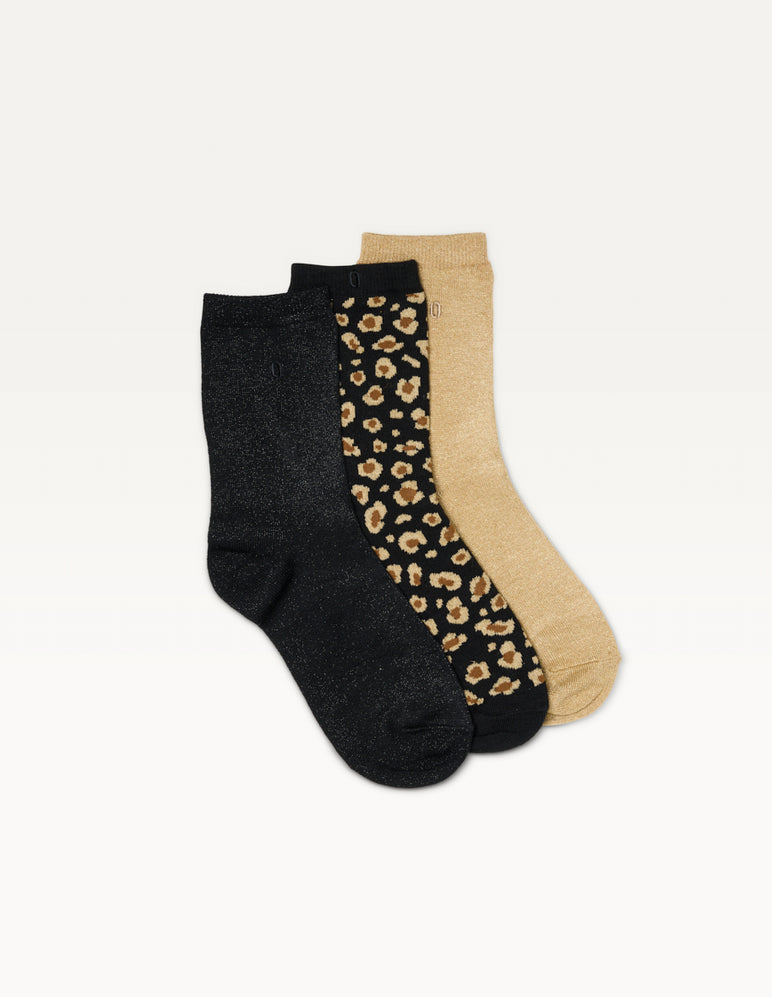 Pack 3 chaussettes Fantaisies léopard noir doré- Femme