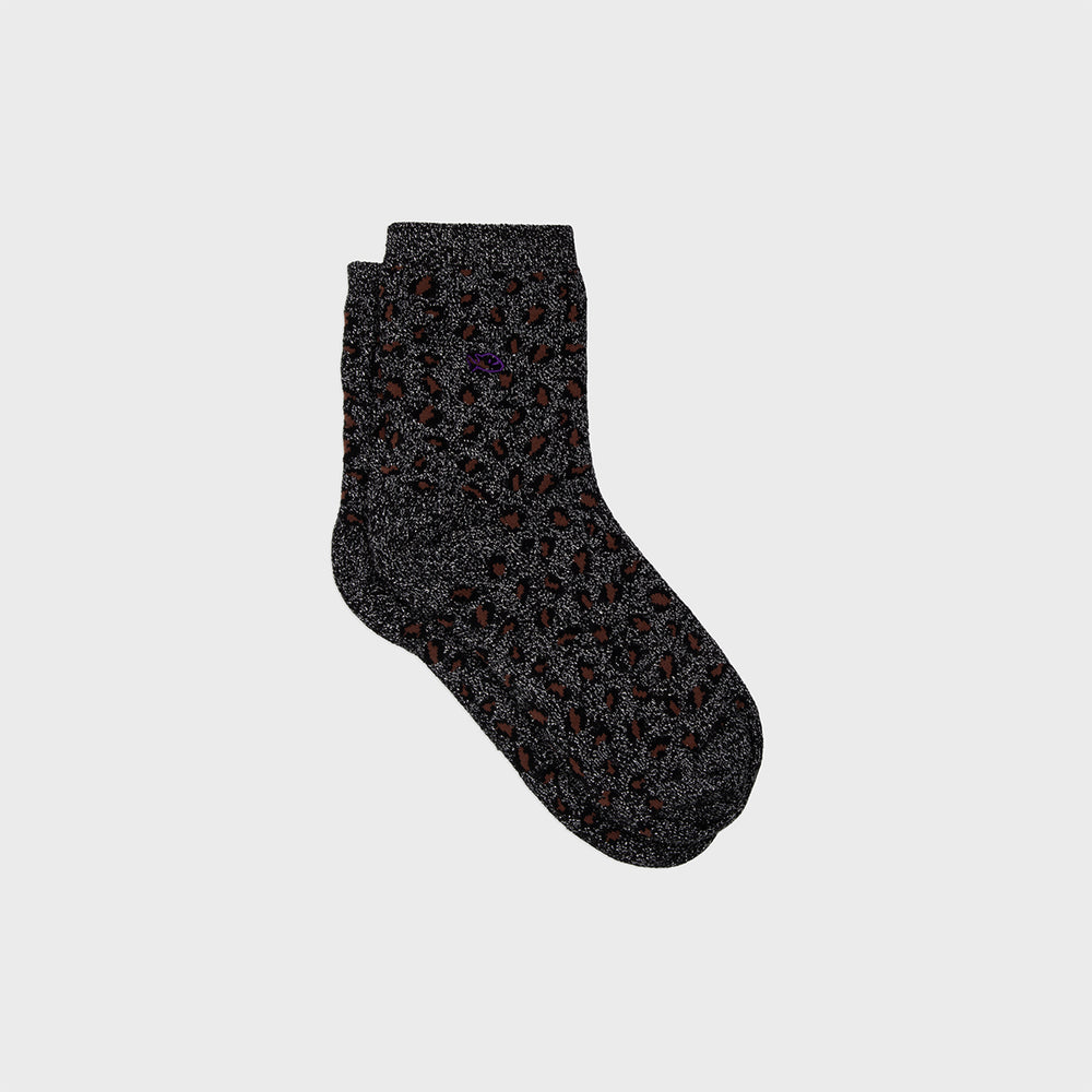 FFL01 Chaussettes pailletées en coton peigné Léopard - Noir - Femme