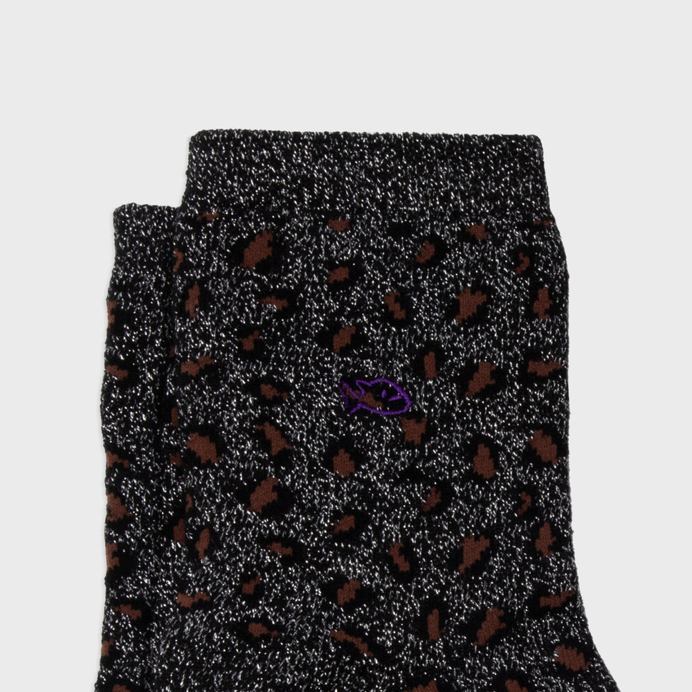 FFL01 Chaussettes pailletées en coton peigné Léopard - Noir - Femme