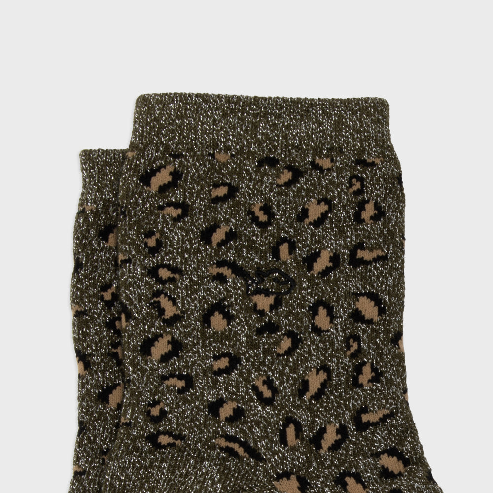 FFL02 Chaussettes pailletées en coton peigné Léopard - Kaki - Femme