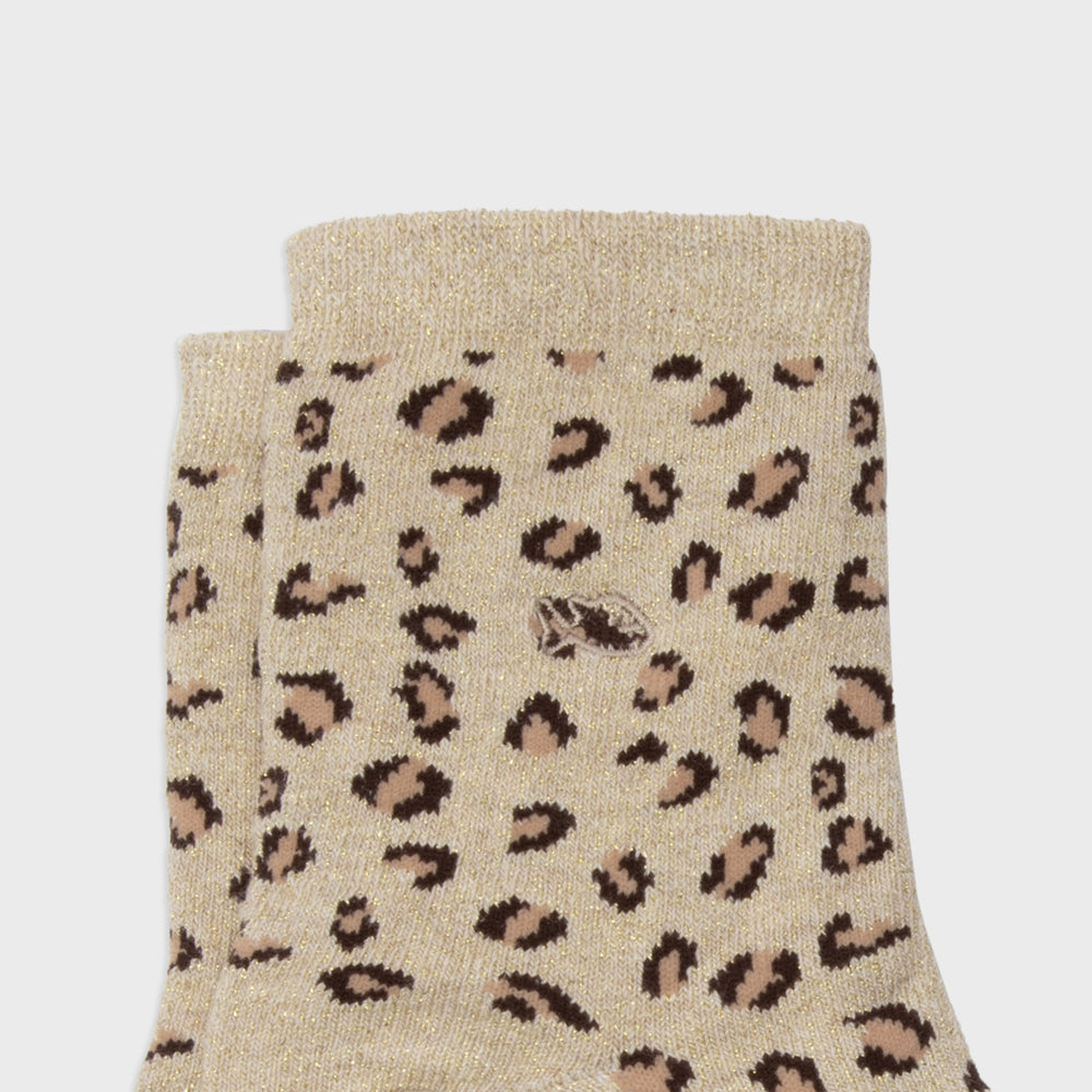 FFL03 Chaussette pailletées en coton peigné Léopard- Femme