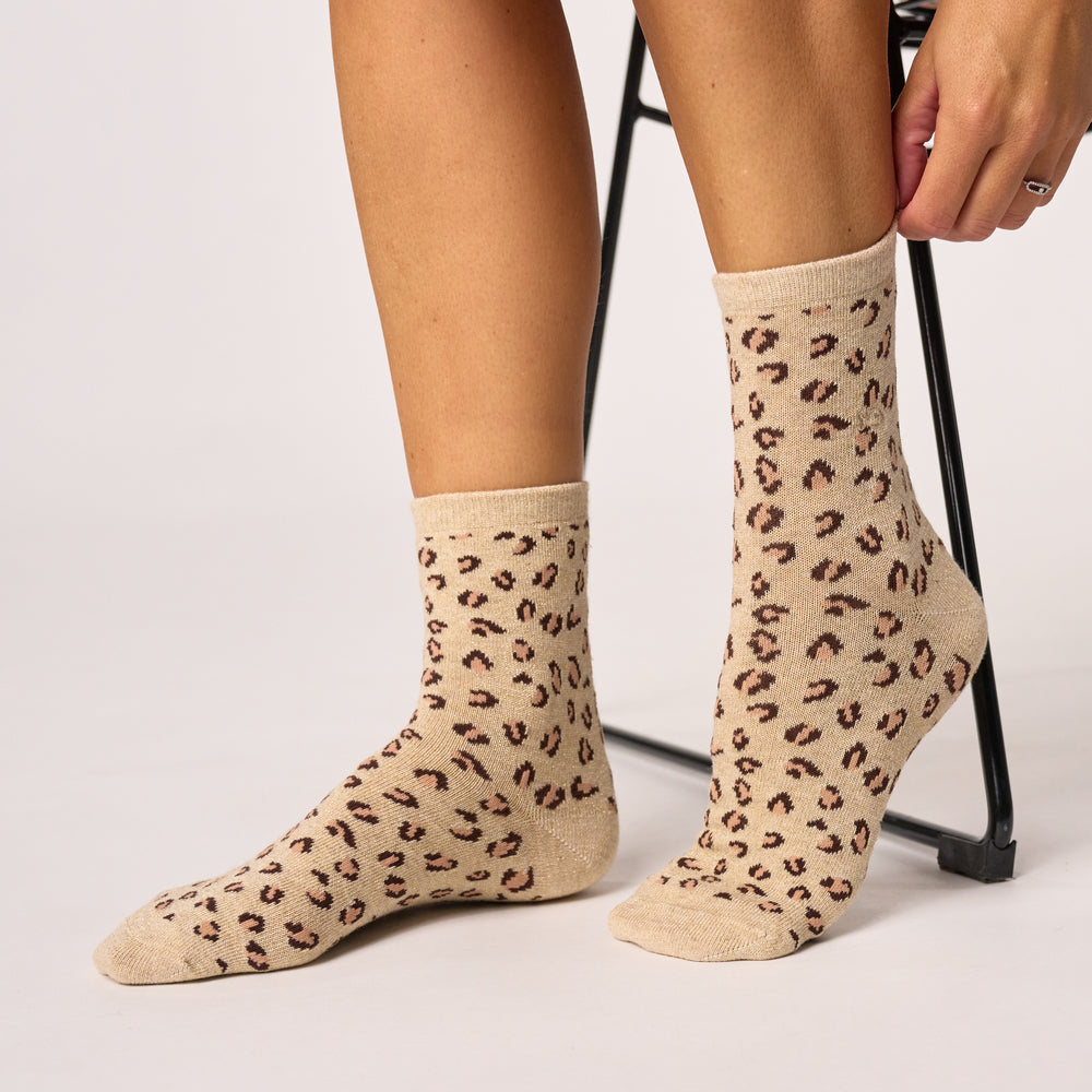 FFL03 Chaussette pailletées en coton peigné Léopard- Femme
