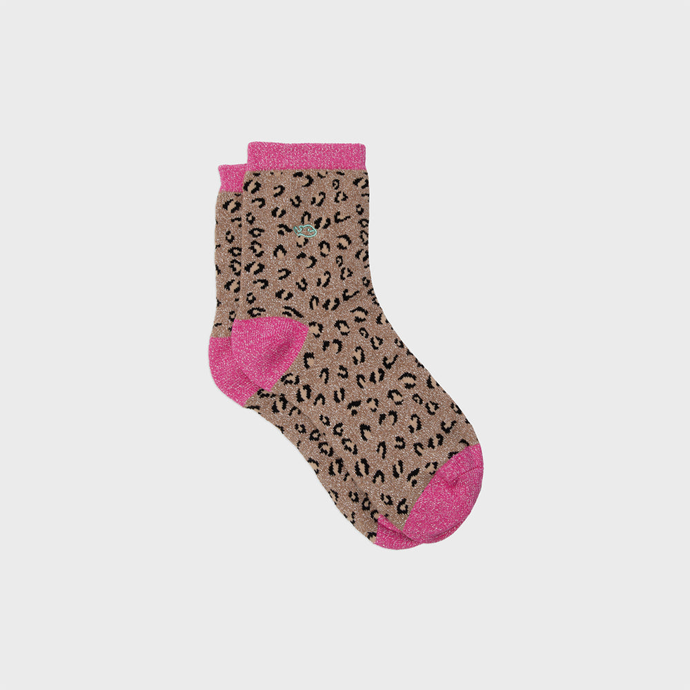 FFL04 Chaussettes Pailletées léopard camel et rose en coton peigné - Femme