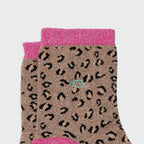 FFL04 Chaussettes Pailletées léopard camel et rose en coton peigné - Femme