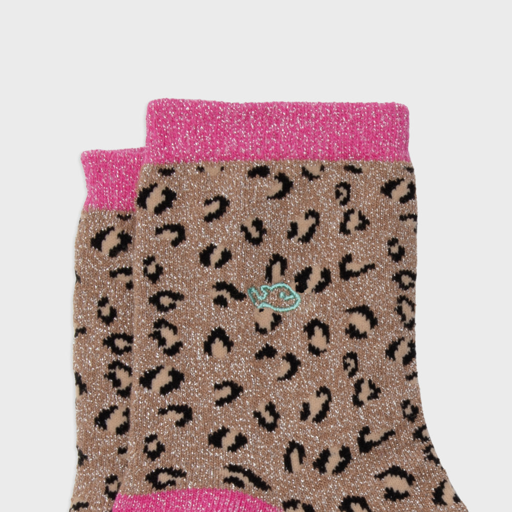 FFL04 Chaussettes Pailletées léopard camel et rose en coton peigné - Femme