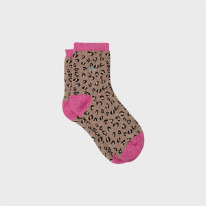 Chaussettes Pailletées léopard camel et rose en coton peigné - Femme #FFL04