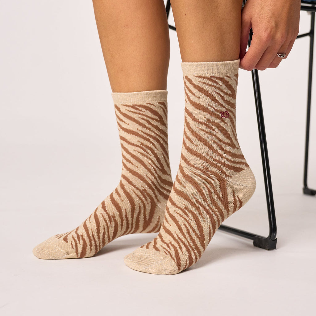 FFL10 - Chaussettes pailletées en coton peigné zèbre - Beige - Femme