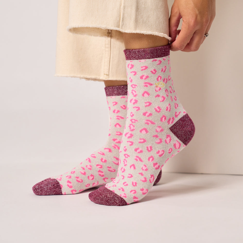 FFL24 - Chaussettes pailletées en coton peigné léopard - Blanc et lie de vin- Femme