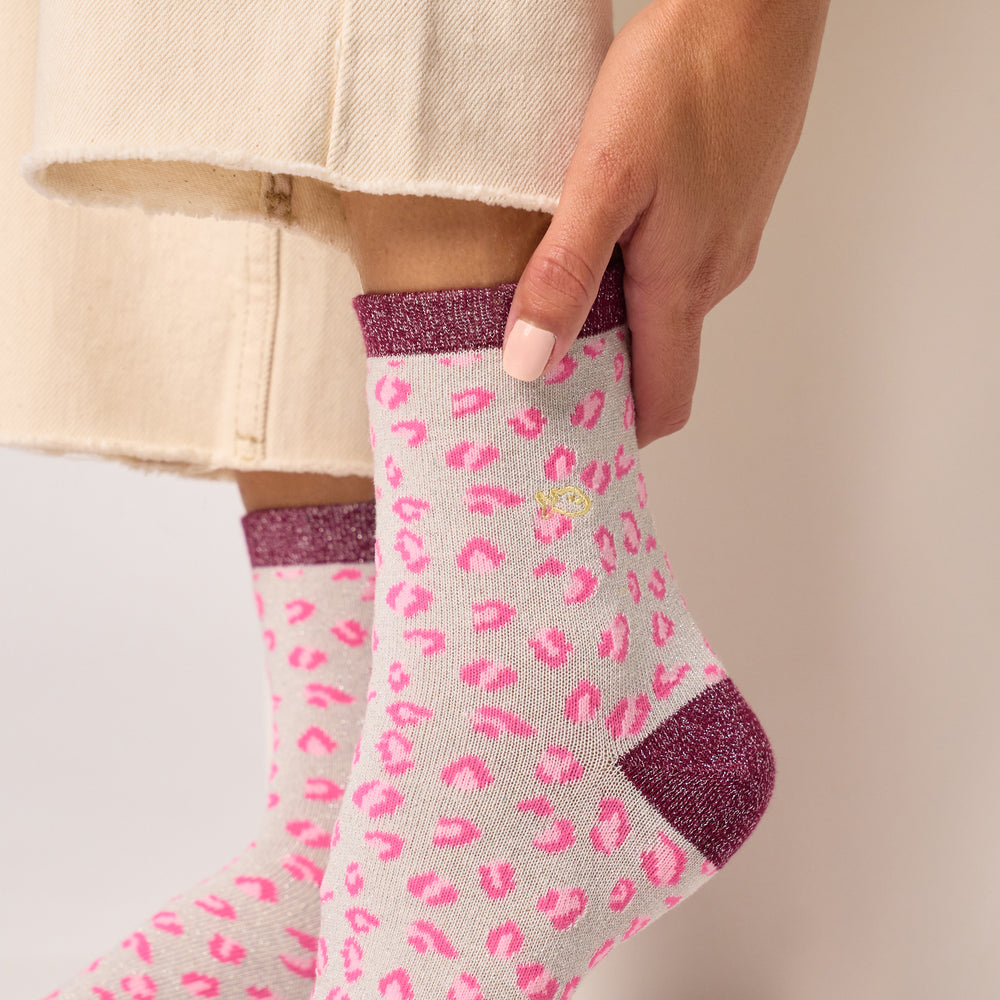 FFL24 - Chaussettes pailletées en coton peigné léopard - Blanc et lie de vin- Femme