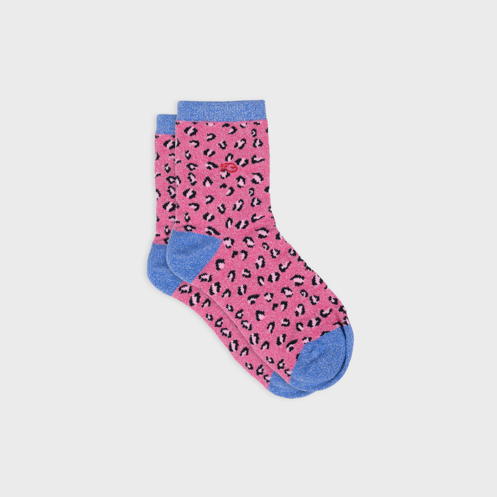 FFL25 - Chaussettes pailletées en coton peigné léopard - Rose et bleu - Femme