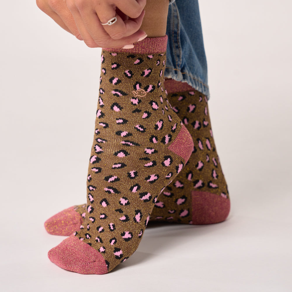 FFL27 - Chaussettes pailletées en coton peigné léopard - Marron et rose - Femme