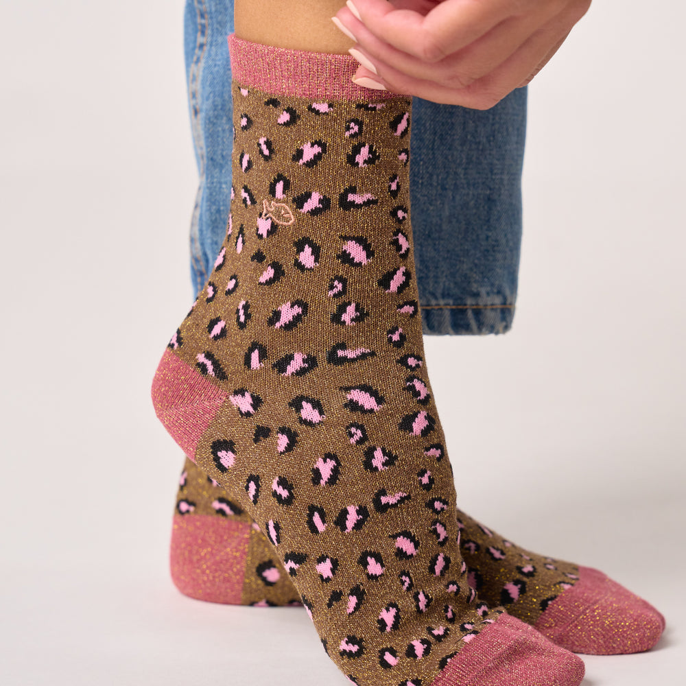 FFL27 - Chaussettes pailletées en coton peigné léopard - Marron et rose - Femme