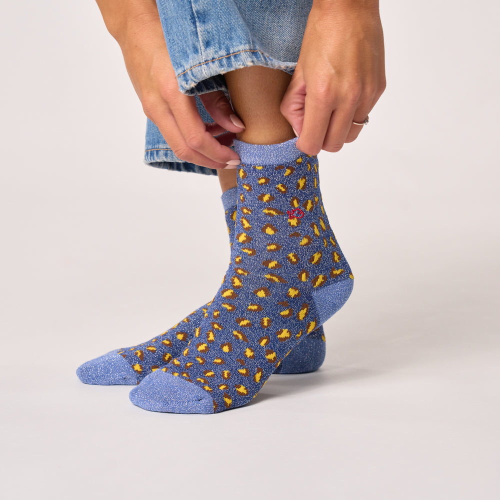 FFL28 - Chaussettes pailletées en coton peigné léopard - Marine - Femme