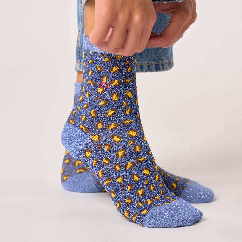FFL28 - Chaussettes pailletées en coton peigné léopard - Marine - Femme