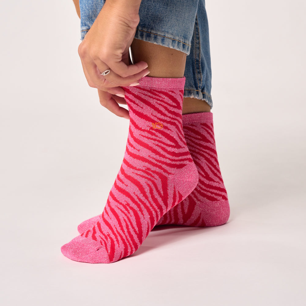 FFL31 - Chaussettes pailletées en coton peigné zèbre - Rose et rouge - Femme