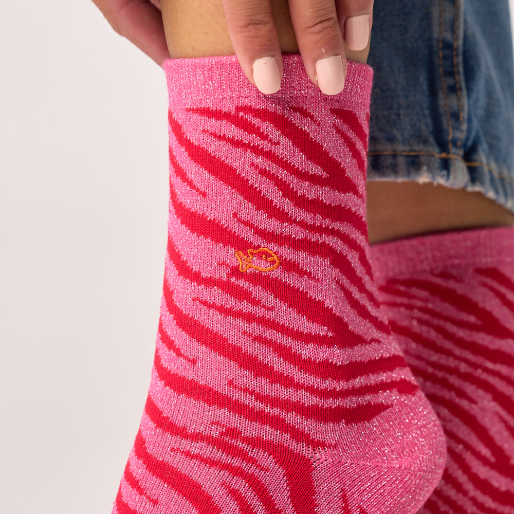 FFL31 - Chaussettes pailletées en coton peigné zèbre - Rose et rouge - Femme