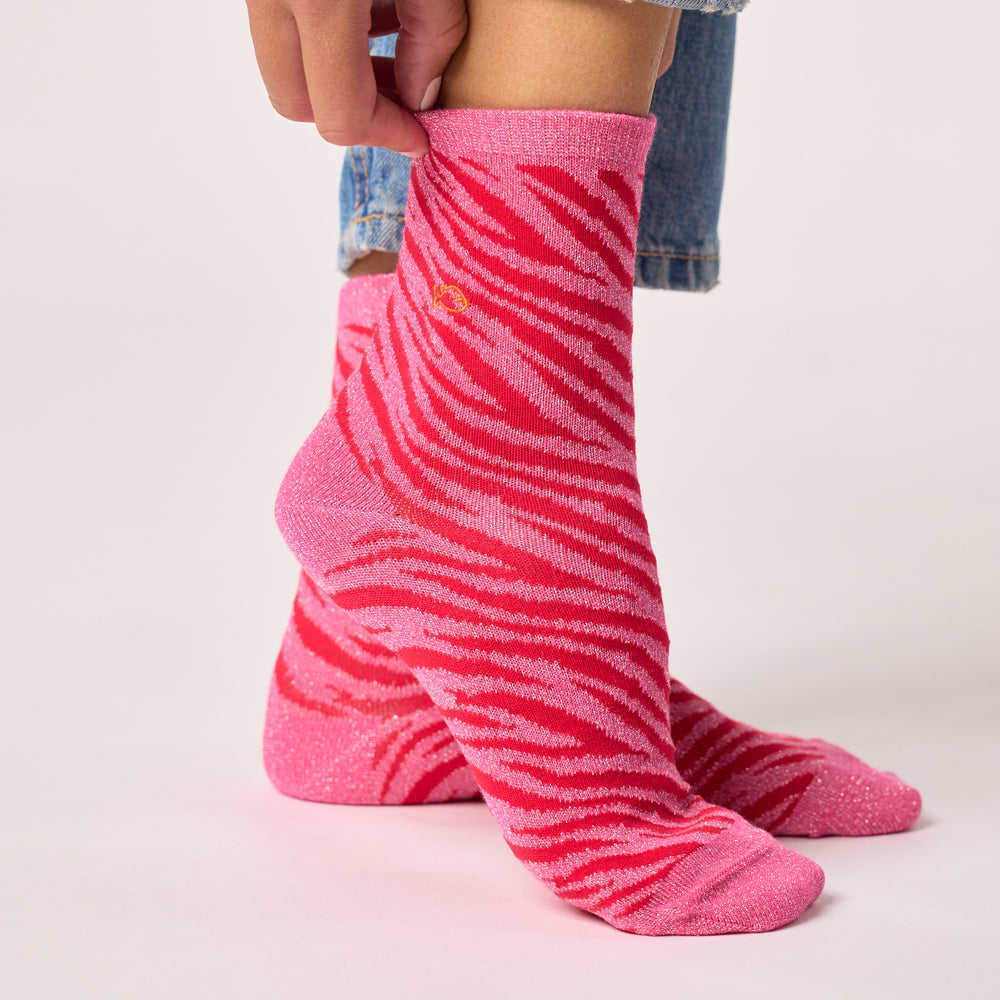 FFL31 - Chaussettes pailletées en coton peigné zèbre - Rose et rouge - Femme
