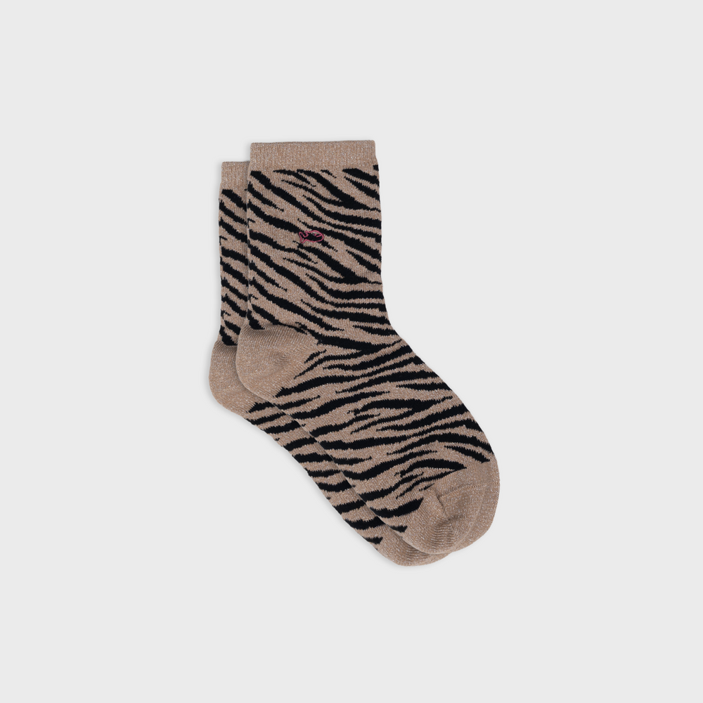 FFL32 - Chaussettes pailletées en coton peigné zèbre - Marron et noir - Femme