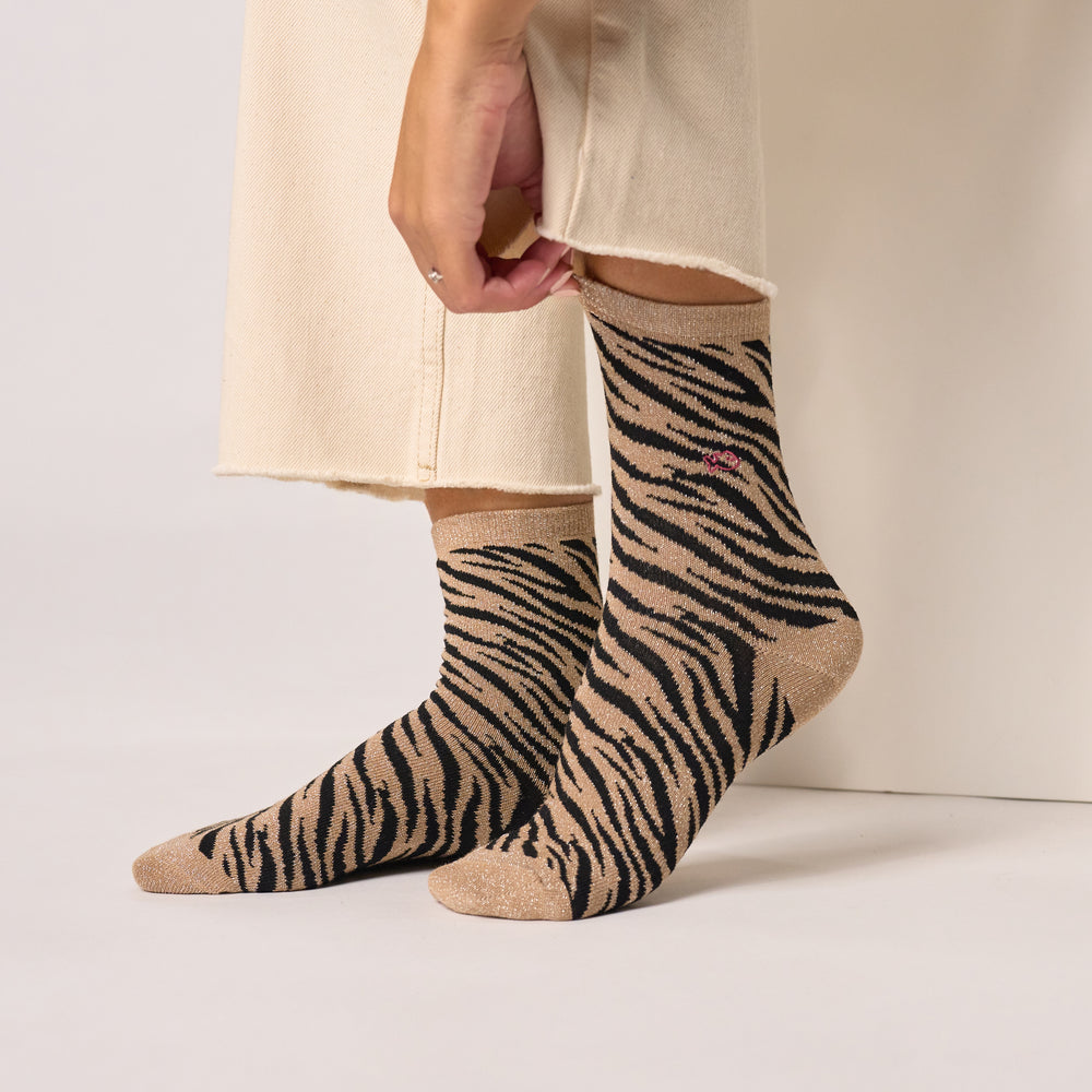 FFL32 - Chaussettes pailletées en coton peigné zèbre - Marron et noir - Femme