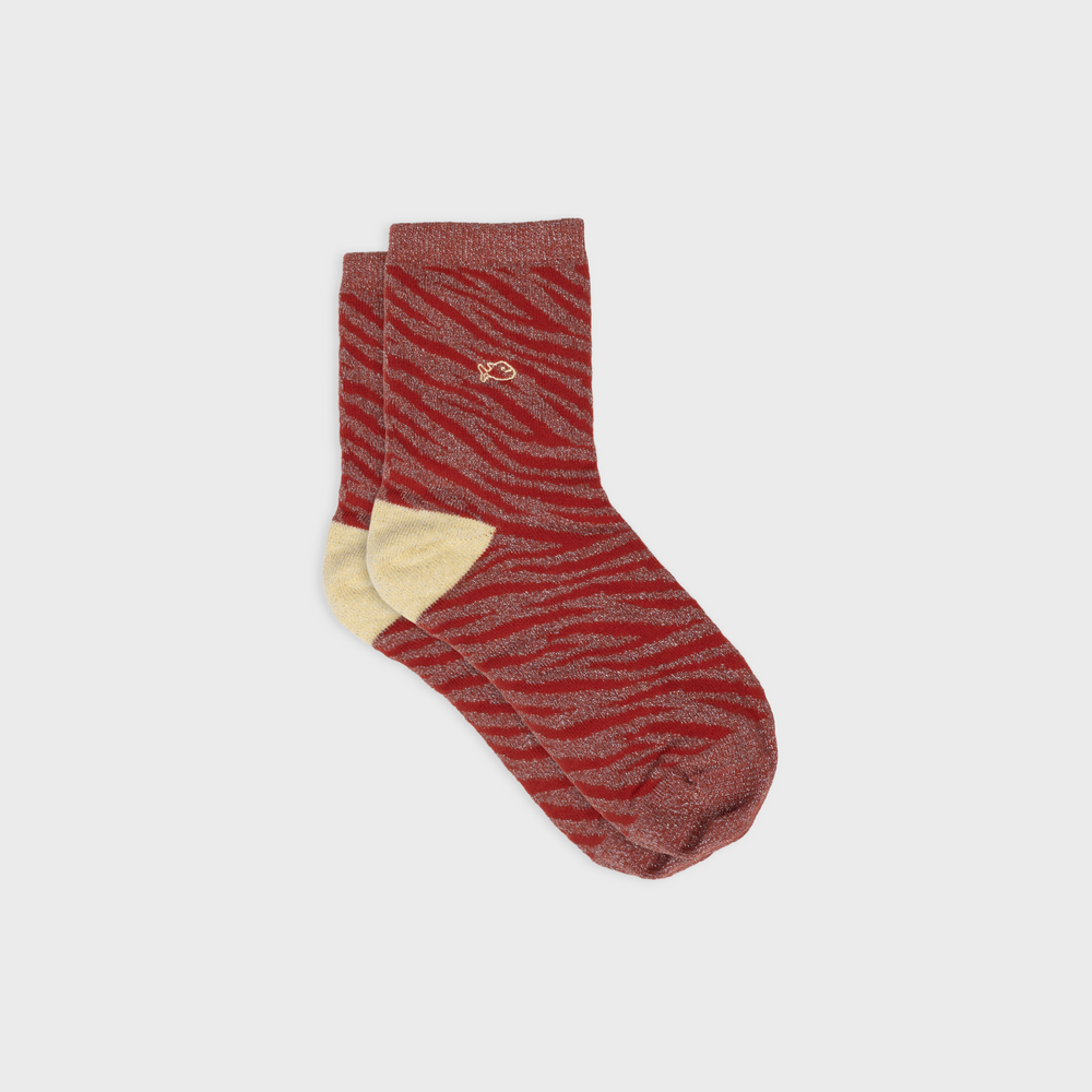 FFL34 - Chaussettes pailletées en coton peigné zèbre - Bordeaux - Femme