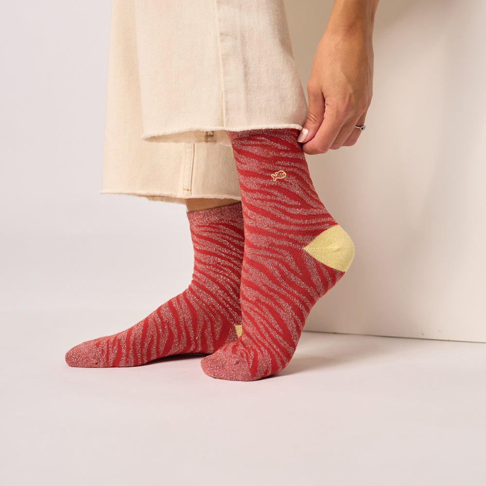 FFL34 - Chaussettes pailletées en coton peigné zèbre - Bordeaux - Femme