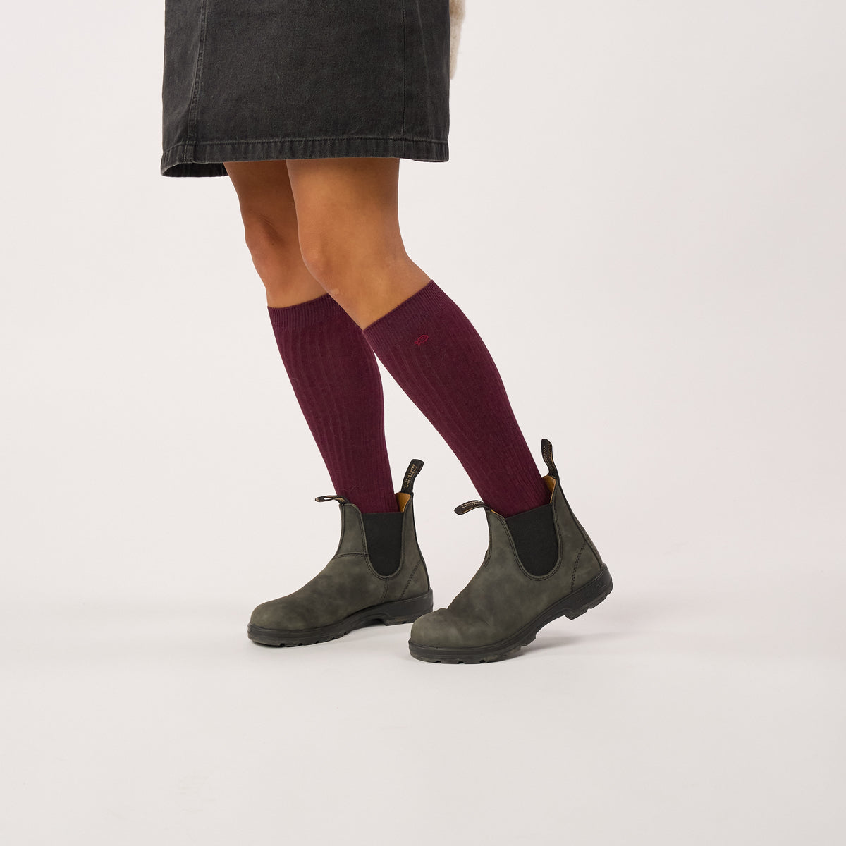 FHA02-  Chaussettes unies en coton peigné Hautes - Bordeaux chiné - Femme