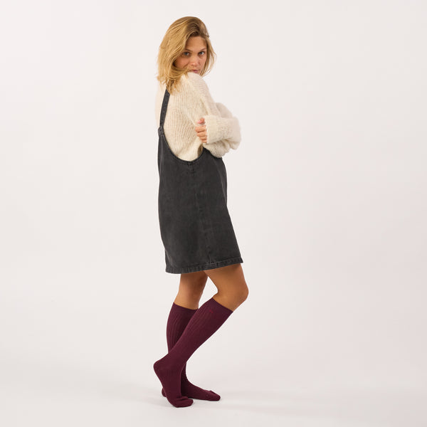 FHA02-  Chaussettes unies en coton peigné Hautes - Bordeaux chiné - Femme