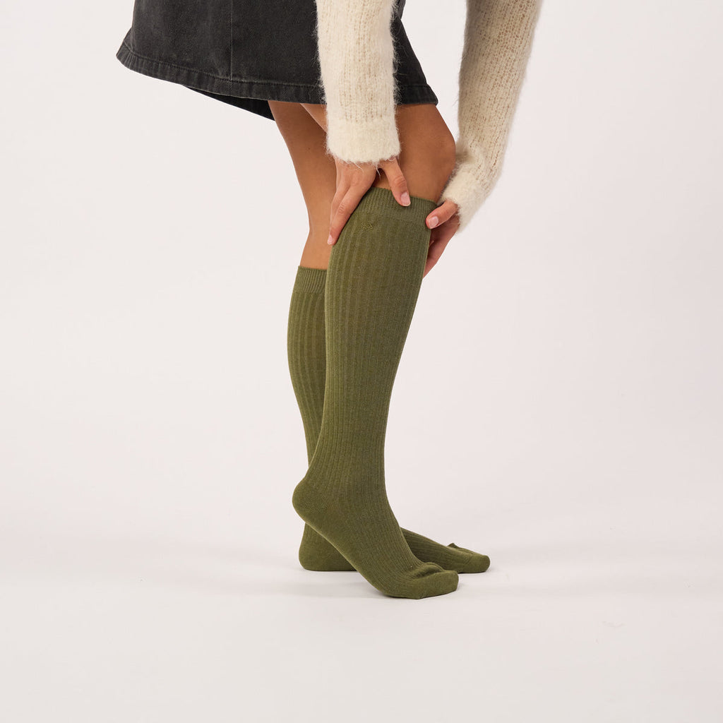 FHA04 -  Chaussettes unies en coton peigné Hautes - kaki chiné - Femme