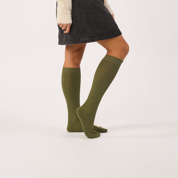 FHA04 -  Chaussettes unies en coton peigné Hautes - kaki chiné - Femme